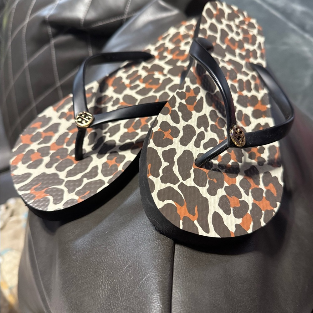 Tory Burch Black and Brown Leopard Sandals